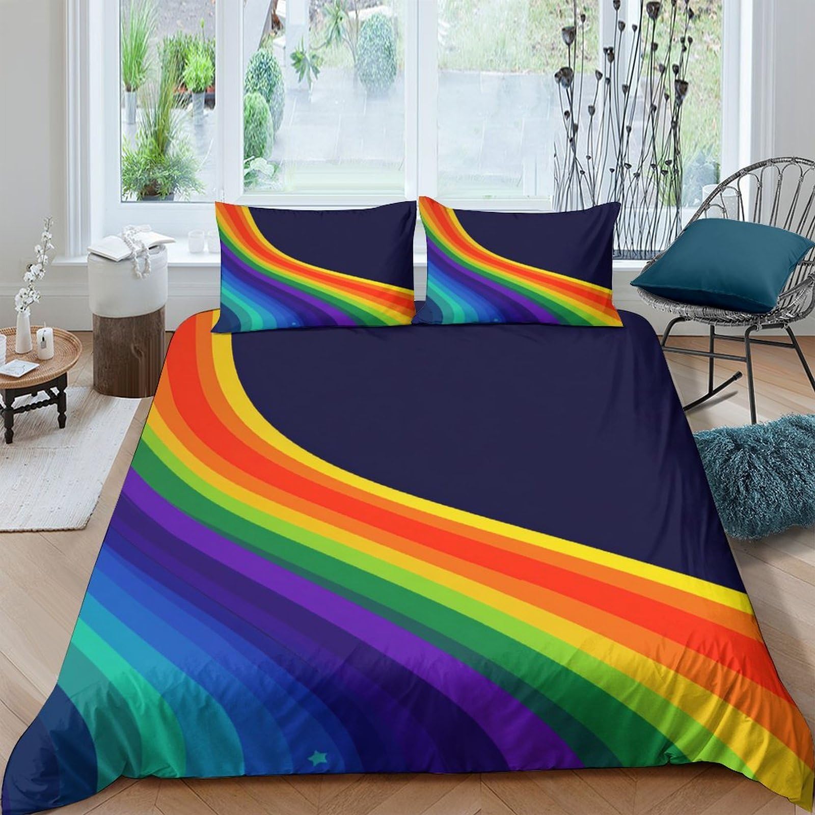 GPLZQXKJNH 3D Printed Rainbow Stripe Duvet Cover Microfiber Soft Colorful Wave Quilt Cover Set with 2 Pillowcases for Bedroom Decor Single（135x200cm）