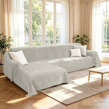 HDCAXKJ Sectional Couch Covers L Shape Sofa Cover Blanket 2 Pieces Chenille Soft Washable Pet Friendly Sectional Slipcovers Furniture Protector for Dogs, 71"x118" + 71"x134" XX-Large, Light Khaki