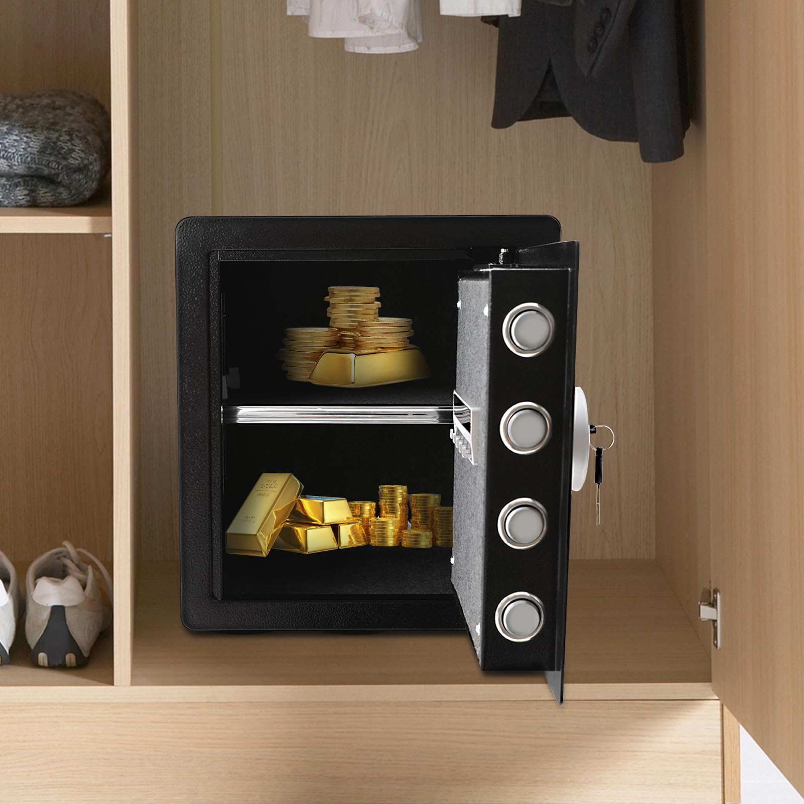 Piccola cassaforte per casa, cassaforte con password + chiave, a doppio piano, per ufficio e casa, allarme in caso di errore, luce LED, 36 x 30 x 40 cm