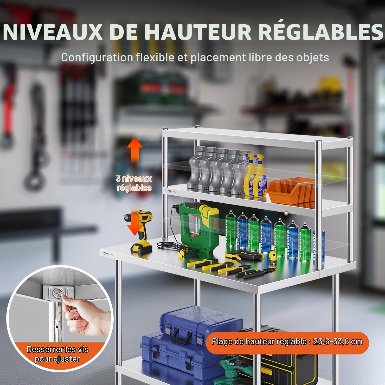 VEVOR Table de Travail en Acier Inoxydable, Étagère à Deux Niveaux 30,5 x 121,9 x 60 cm, Table de Préparation des Aliments à Hauteur Réglable, pour Cuisine, Restaurant et Atelier