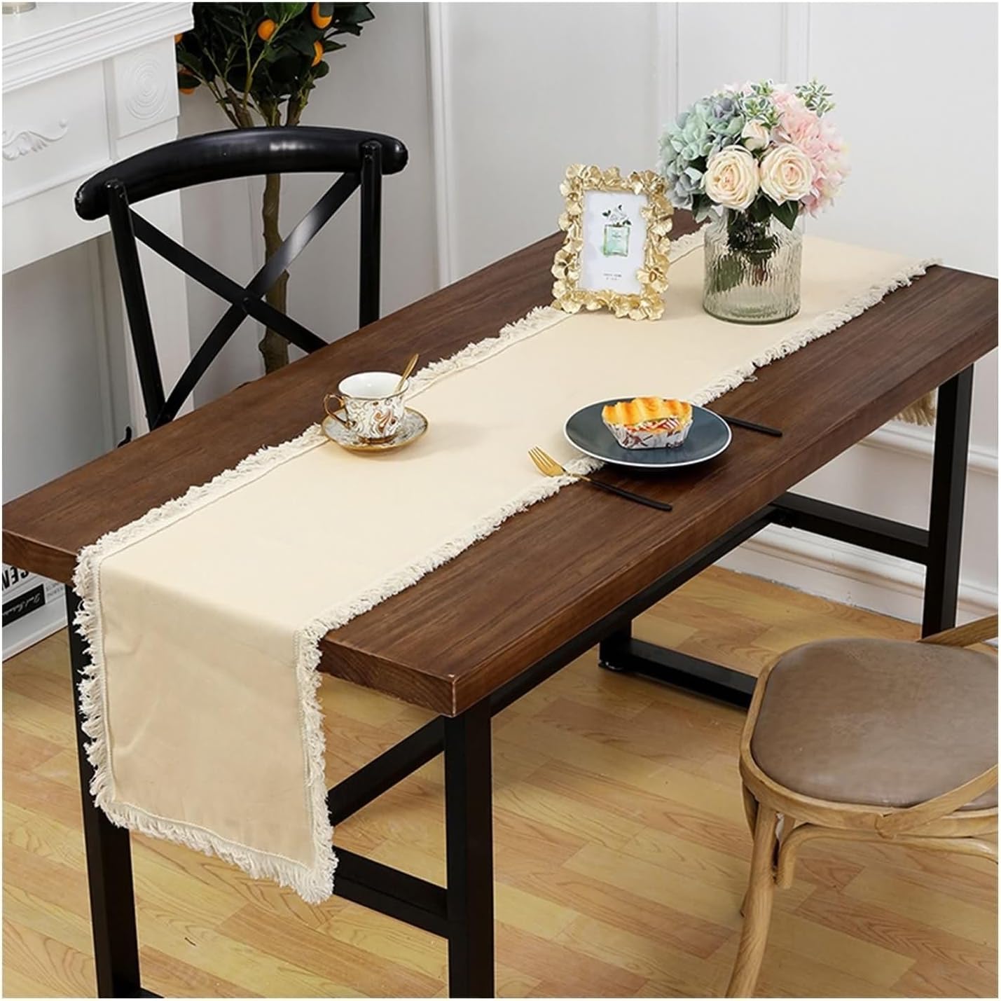 Coffee Table Runner for Living Room,12" x 79",Solid Color and Tassels Cotton Table Runners Table Runner Modern Beige