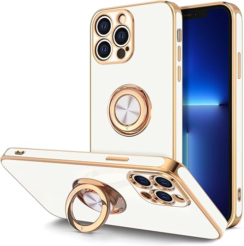 Hython Funda para iPhone 13 Pro con soporte de anillo, soporte de anillo giratorio de 360, soporte magnético, chapado en oro rosa, TPU suave,