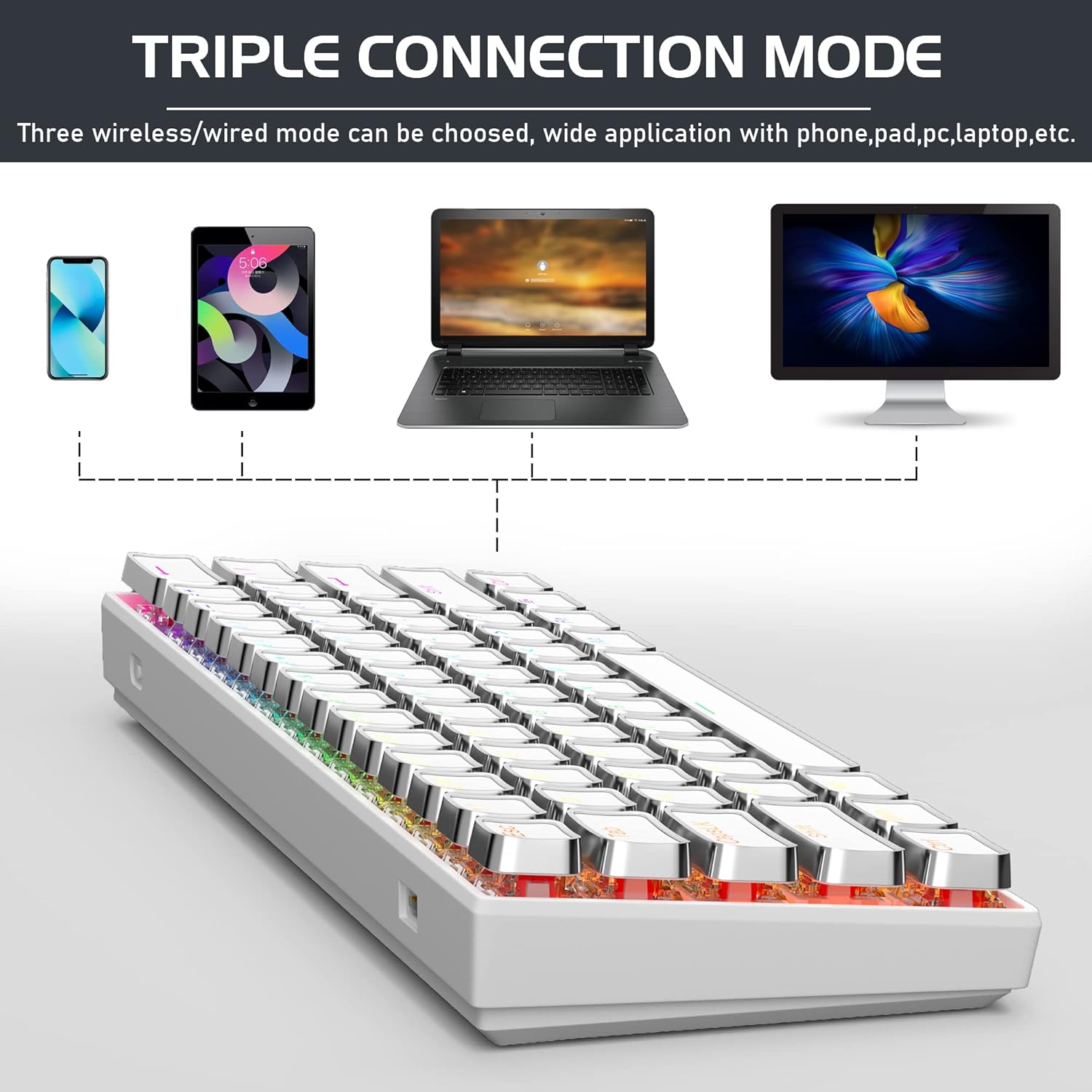 Portable 60% Typewriter Keyboard Wireless, Cute Cool RGB Backlit Mechanical Gaming Keyboard with Linear Red Switches, Wired/Wireless Connection 61 Keys Mini Keyboard for Windows Mac Android PC(White)