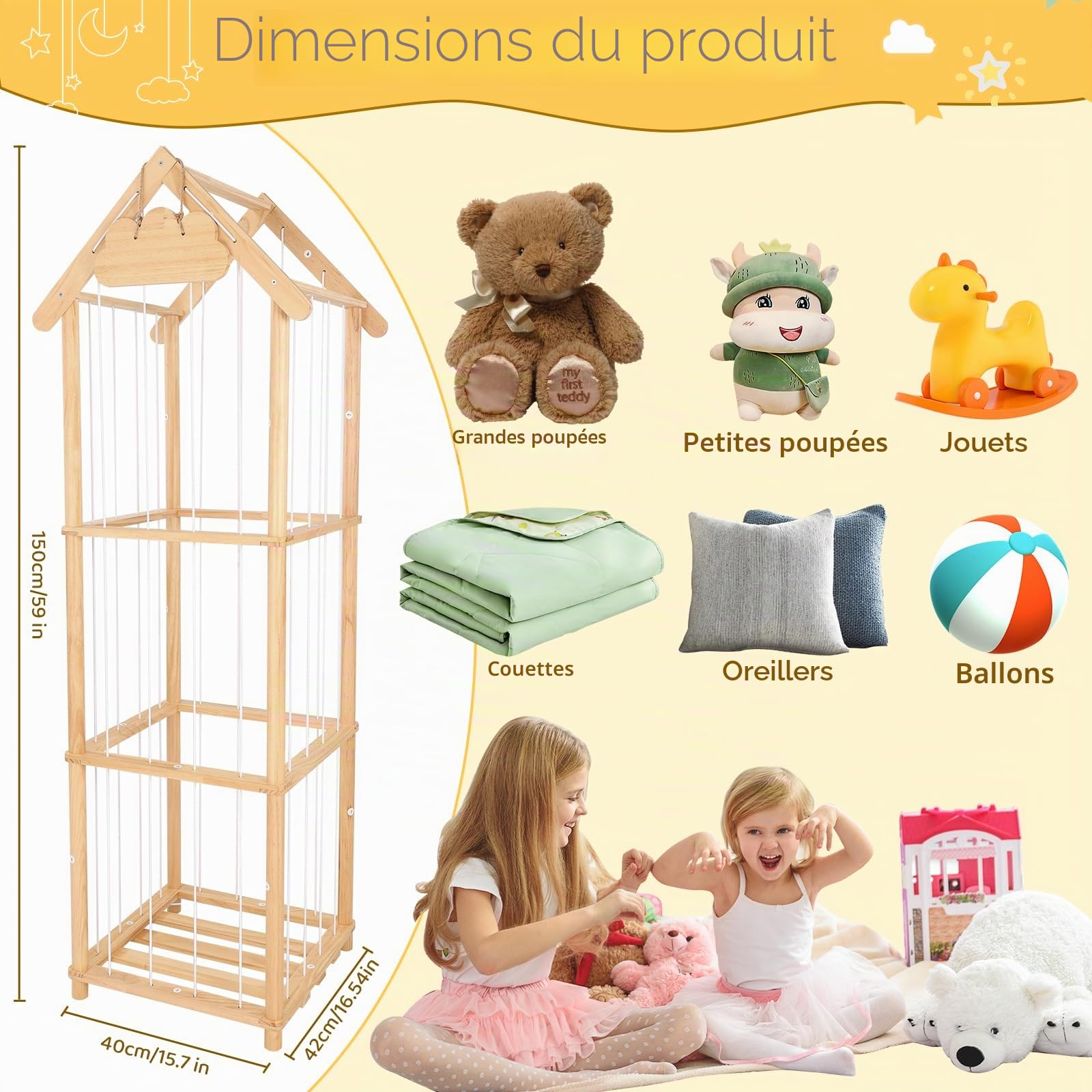 Rangement en bois pour doudou - 150 x 42 x 40 cm - Offre de la place pour les grandes peluches - Rangement pour chambre d'enfant, salon, salle de jeux, chambre à coucher