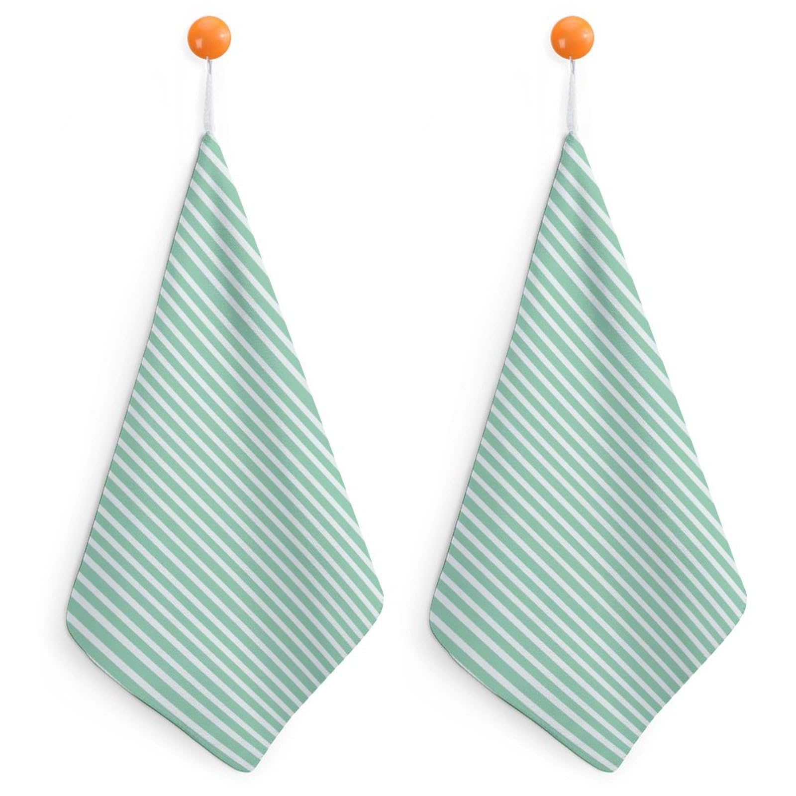 Jubonexis Mint Green And White Small Stripe Pattern Small Hand Towel with Hanging Loop 2 PCS Absorbent Soft Wash Cloth for Kitchen Bathroom