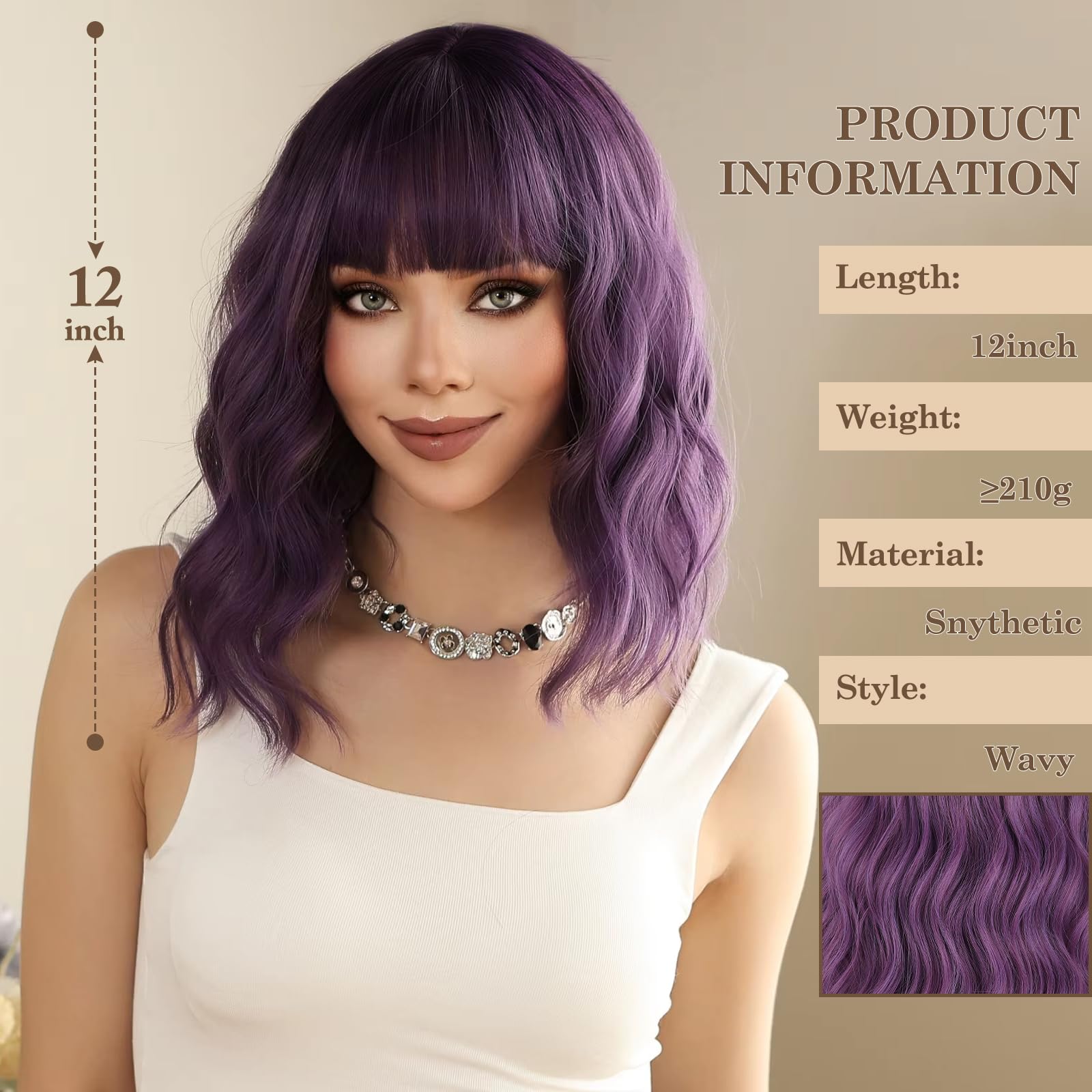 MISSQUEEN Short Wavy Bob Wig with Bangs, Synthetic Heat-Resistant Hair
