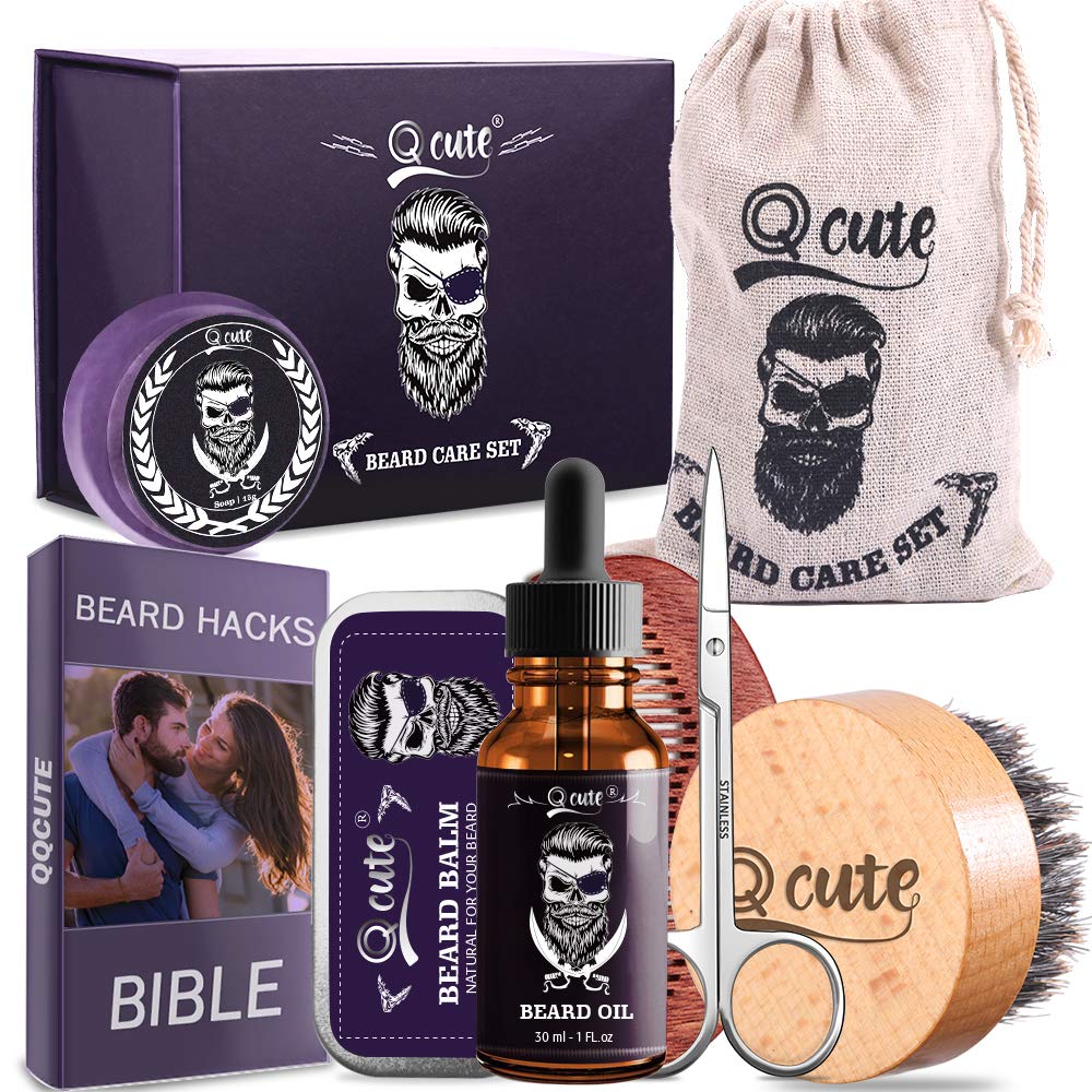 Beard Care Grooming Kit for Men - Includes Leave-in Beard Oil, Unscented Beard Balm, Beard Brush, Wood Comb, Beard Cleanser Soap, Mustache Trimming Scissors -Multi-Functional Beard Gift Set