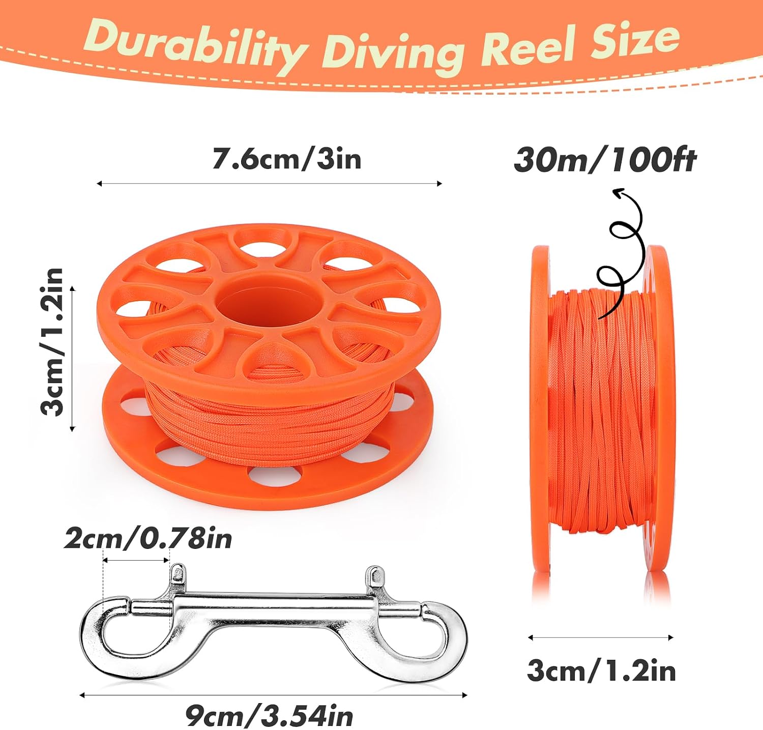 100FT Compact Scuba Diving Reel, Plastic Finger Spool Dive Reel with Stainless Steel Double-Ended Bolt Snap for Underwater Sports, Wreck Cave Diving, Snorkeling, Spearfishing (Orange)
