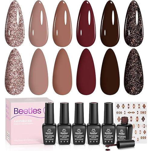 Beetles Gel Nail Polish Set - Dark Brown Gel Nail Polish Fall 6 Colors Glitter Burgundy Red Gold Black Sparkle Nail Kit Soak Off Led Manicure DIY Home Salon Gifts for Girls Women Academia Aesthetic
