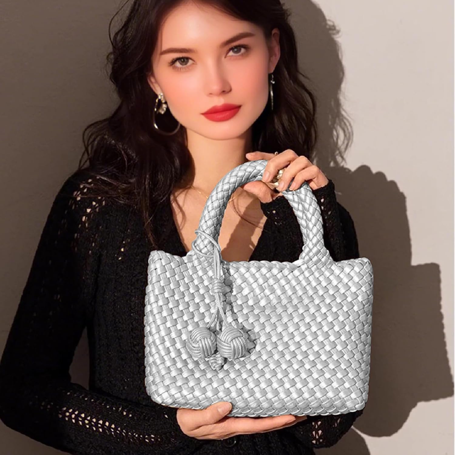 Woven Tote Bag for Women with Coin Purse, Foldable Chain Small Crossbody Handbags, Fashion Shoulder Bag, Hobo Satchel