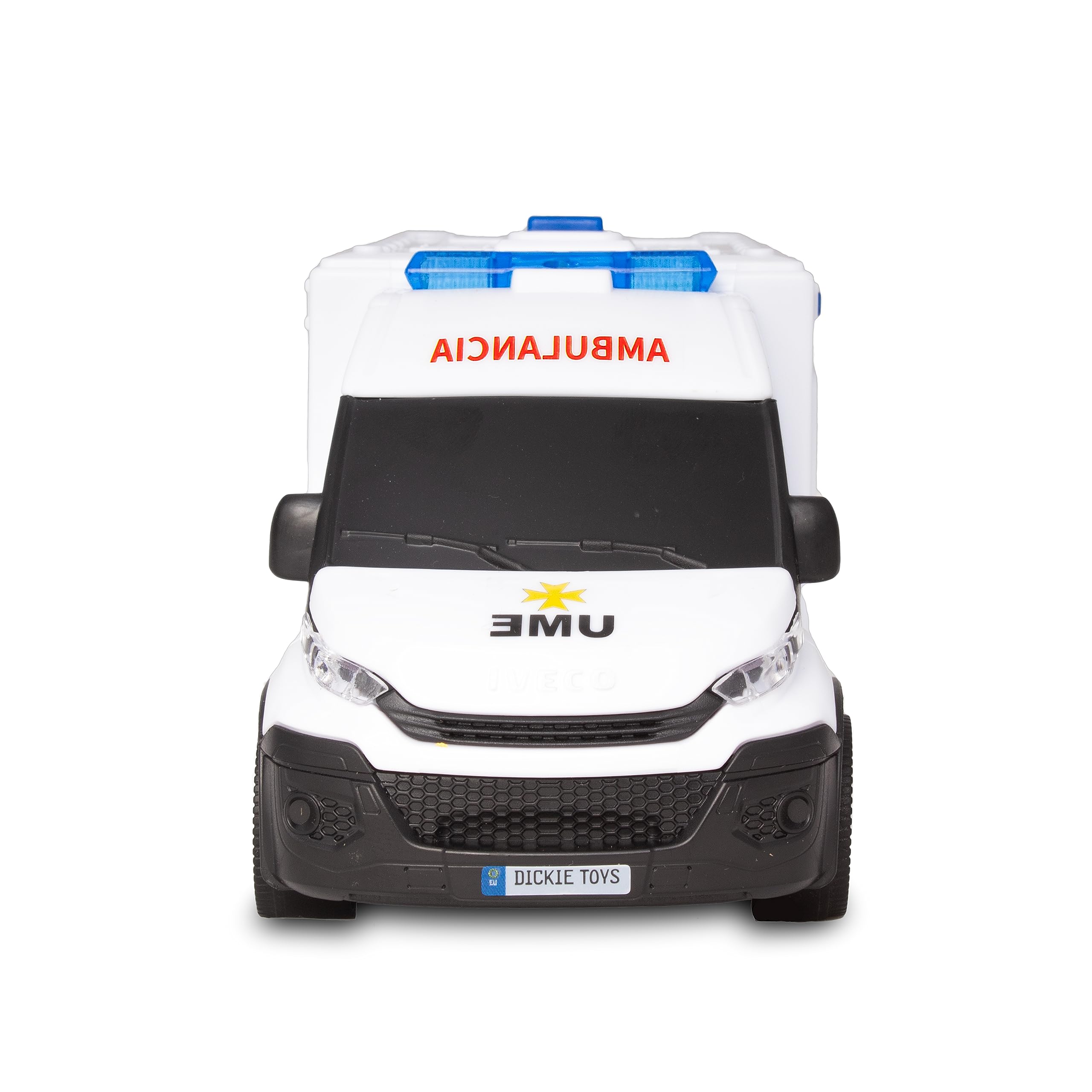 Dickie Toys - Ambulanza IVECO UME 18 cm, Ambulanza giocattolo, Luce e Suono, Ruota con Girata Libera, con Barella, Veicolo Giocattolo Bambini Ragazze a partire dai 3 anni (203713014SI5)