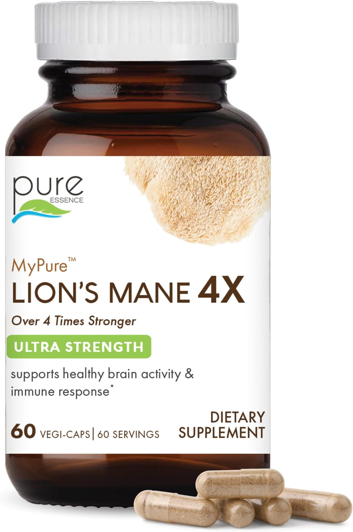 PURE ESSENCE LABS MyPure Lions Mane 4X Mushroom Supplement, 100% Real Mushroom Extract for Immune Support, Combat Stress and Build Energy, Immune Booster for Men and Women, 60 Capsules