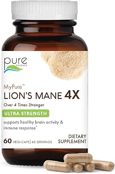 PURE ESSENCE LABS MyPure Lion's Mane 4X - Ultra Strength Brain Support Supplement for Cognitive Health, Focus, Memory & Mental Clarity, 60 Capsules