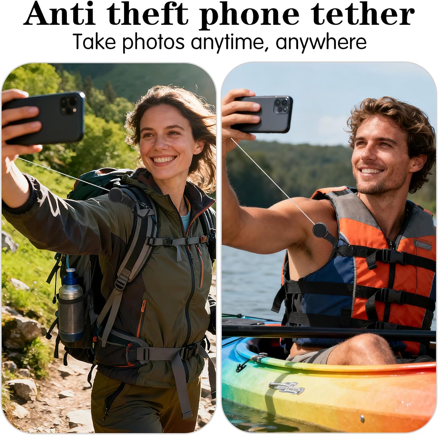 Lusofie Retractable Phone Tether Anti-Theft Phone Lanyard with Keychain and Rotatable Adhesive Tether Tab Compatible with Most Smartphones for Outdoor Travel Hiking Climbing Fishing(Black)