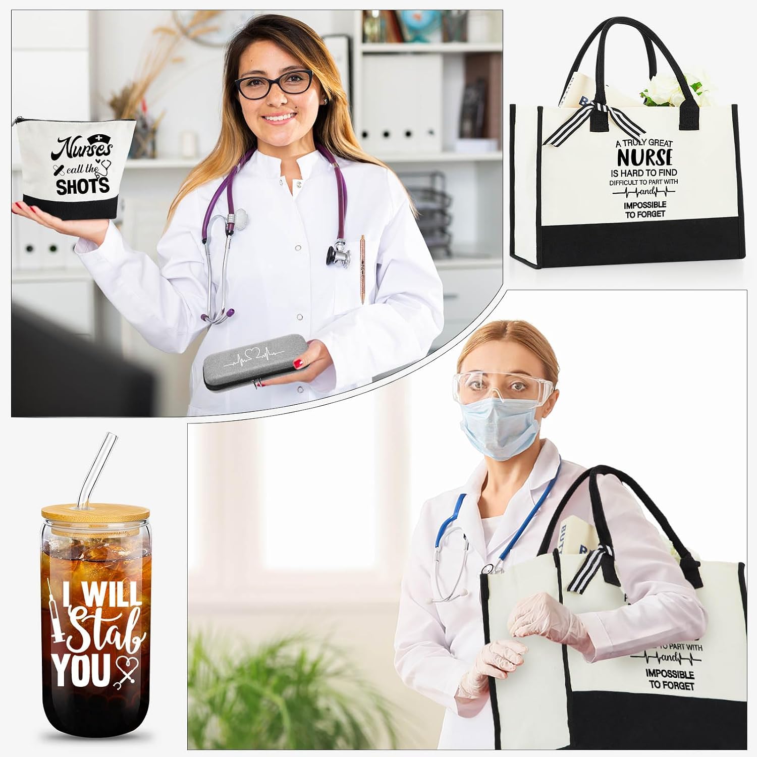 Funnymoom Nurse Appreciation Gifts for Women Canvas Bag 16 oz Can Shaped Glass Cup with Lid and Straw Nursing Ballpoint Pens Makeup Bag Stethoscope Case(Gray,Nursing Gifts)