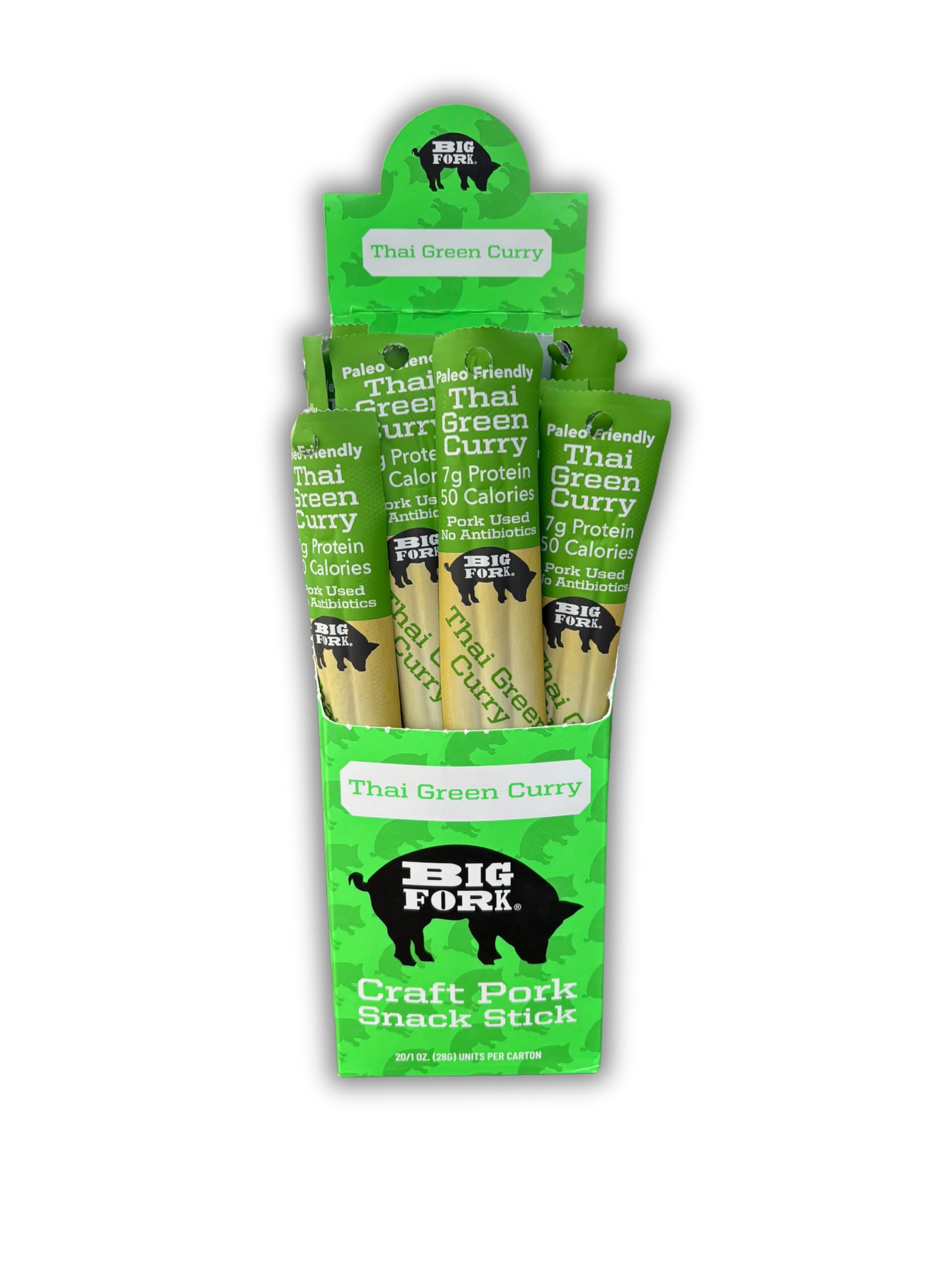 Big Fork Thai Green Curry Pork Snack Sticks – Small-Batch, Hickory-Smoked Meat Sticks | 100% Berkshire Pork with Real Thai Spices | Keto, Paleo, Gluten-Free, High-Protein Snack | 20 Count (1 oz Each)