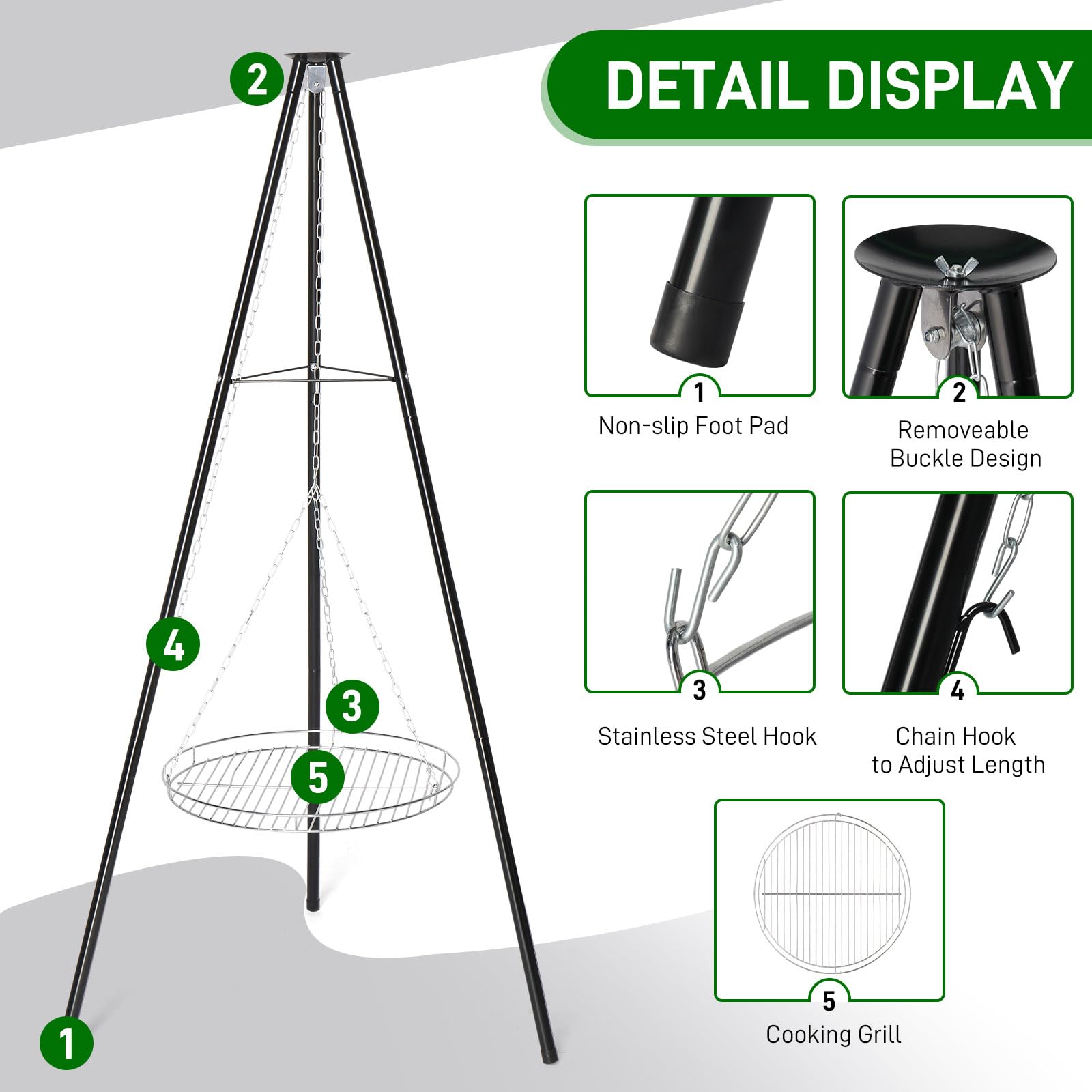 ROVSON - Soporte para parrilla de barbacoa con trípode portátil, para cocinar al aire libre, camping, jardín, playa