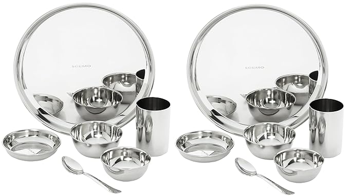 Solimo Dinner Set| Stainless Steel | Set of 6 | Solid Mirror Finish | Silver (Pack of 2)