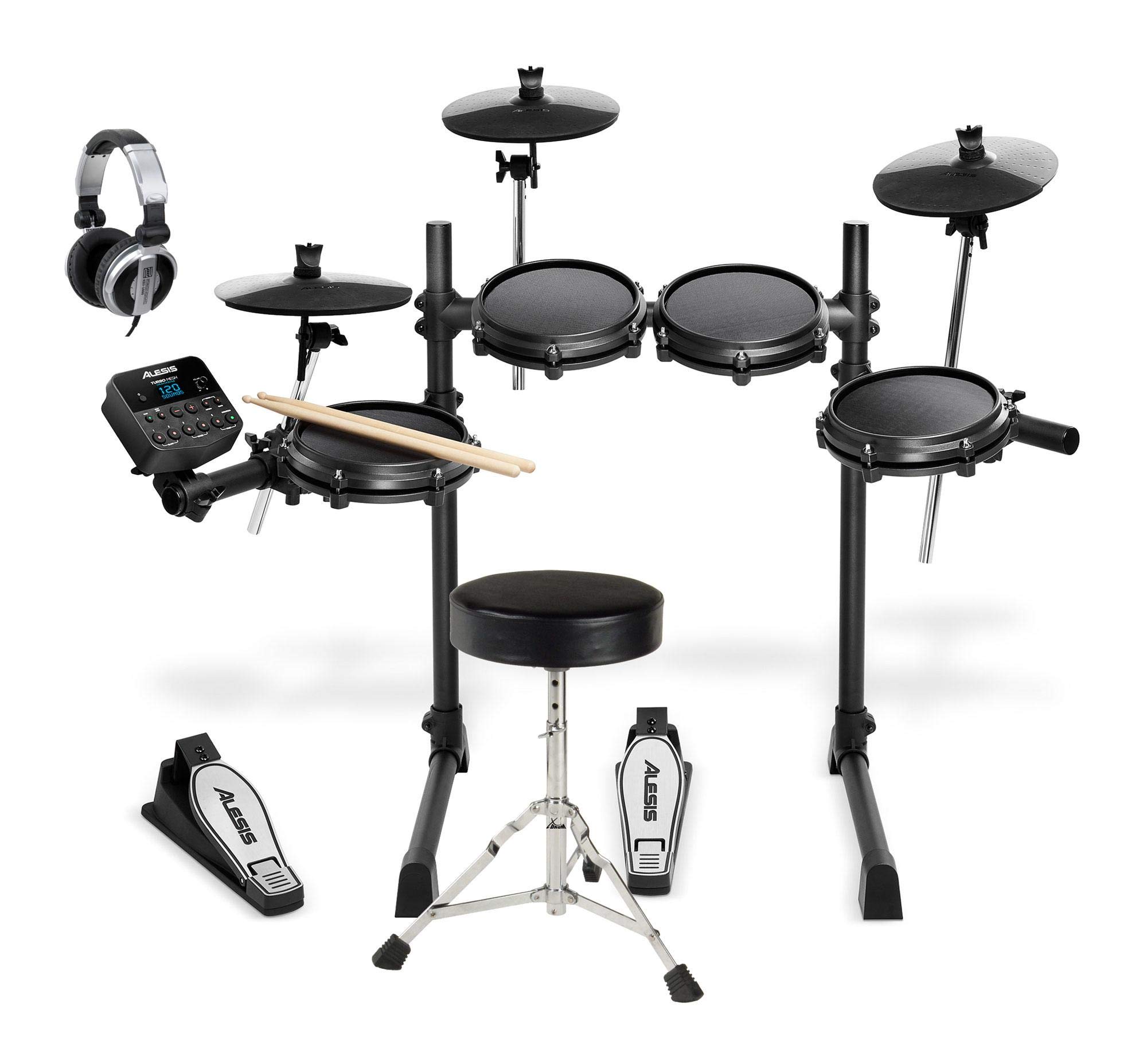 Alesis Turbo Mesh Kit Set (Siebenteiliges E-Drum Kit mit Mesh Heads & Drum Modul im Set inkl. Drumhocker & DJ-Kopfhörer) Schwarz