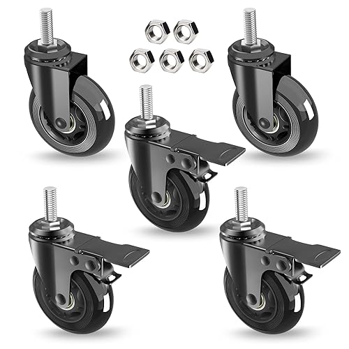 Miniatura 10 de Juego de 5 ruedas giratorias de 3 pulgadas (3 con doble freno de seguridad, 2 sin), ruedas giratorias resistentes con vástago roscado de 38 a 16UNC,