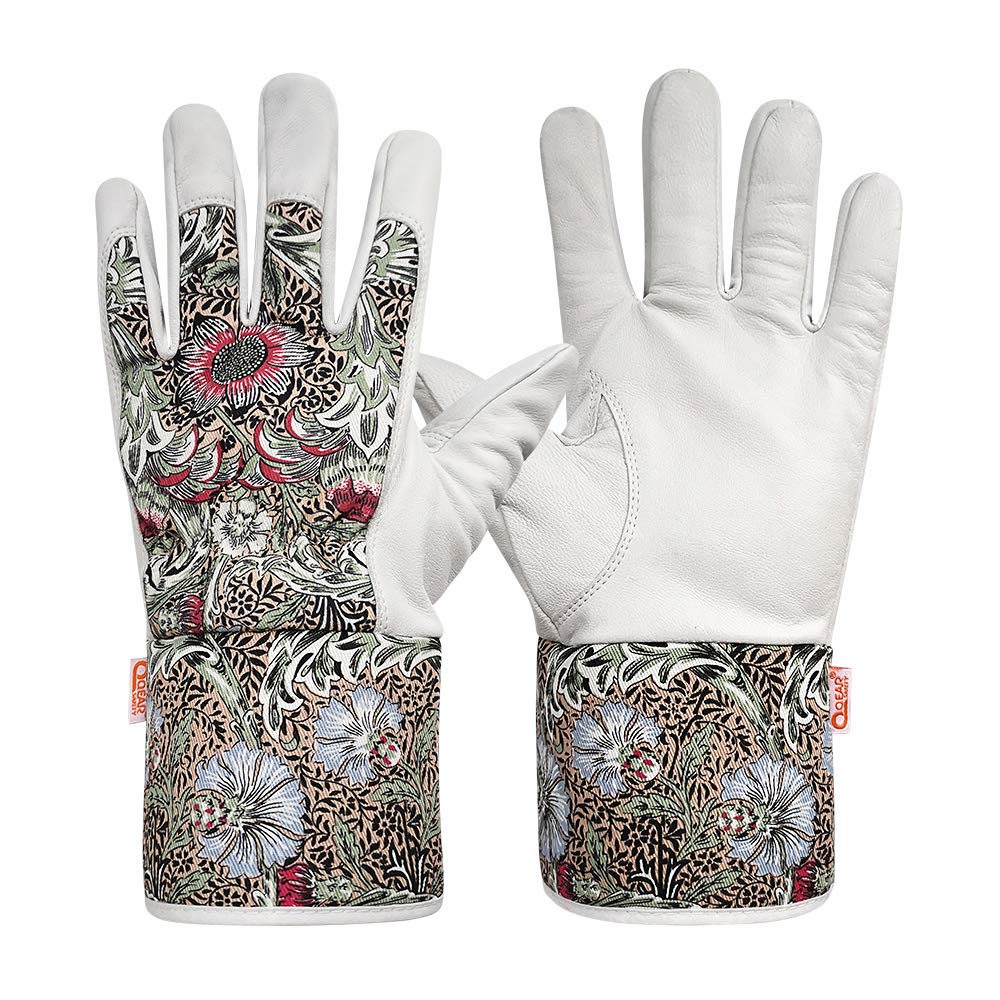 1 par de guantes de trabajo de jardín QEAR Lady, palma de cuero de cabra premium, parte trasera de algodón y puño de seguridad para protección de muñeca y brazo inferior, resistencia a las espinas