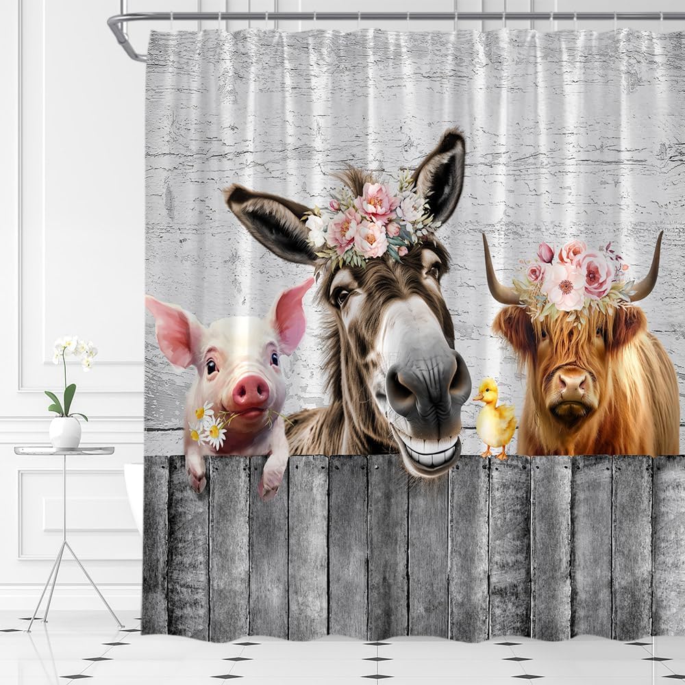 Highland Cow Shower Curtain Funny Animal Farmhouse Pink Flowers Cattle Wildlife Fabric Bathroom Decor Set with Hooks（70"Wx84"H）