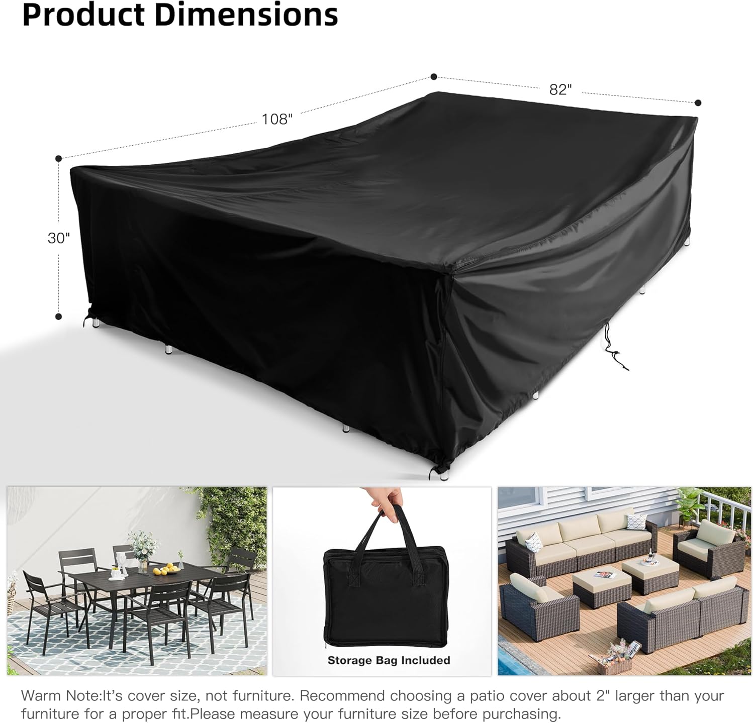 Patio Furniture Covers, Outdoor Furniture Covers Waterproof, Patio Table Cover Windproof, Outdoor Sofa Sectional Cover General Purpose, 108"x82"x30" Black