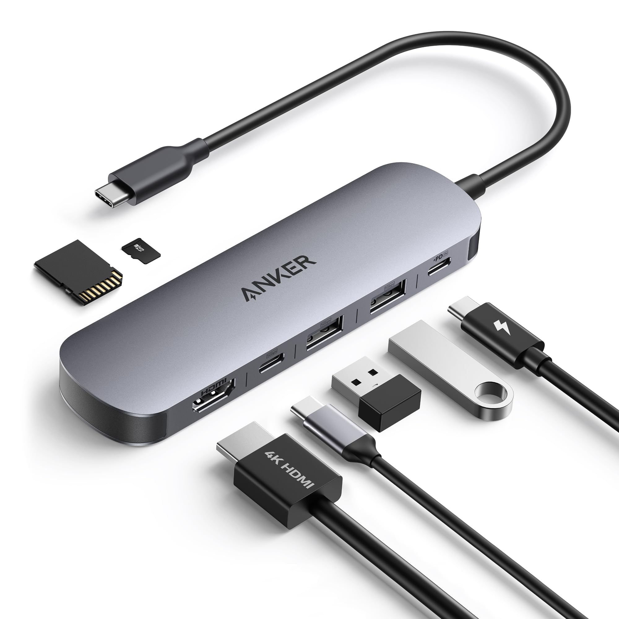 Anker Hub USB C Concentrateur 7 en 1, Répartiteur HDMI 4K 60 Hz, Power Delivery 100W, 3 Ports USB A et Type C 3.0, Carte SD/TF
