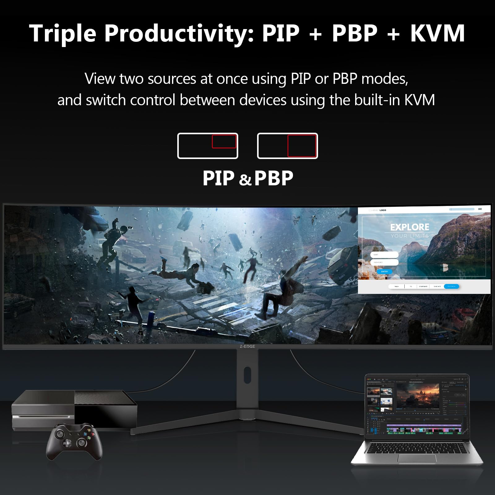 Z-Edge Zakrzywiony Monitor Gamingowy 49 Cali 144Hz, Panel IPS, DQHD 5120x1440, 32:9, KVM, 1ms, FreeSync, Regulowana Wysokość/Pochylenie, Obrotowy, 10Bit, 400cd/m², USB Type C 65W/HDMI2.1/DP1.4