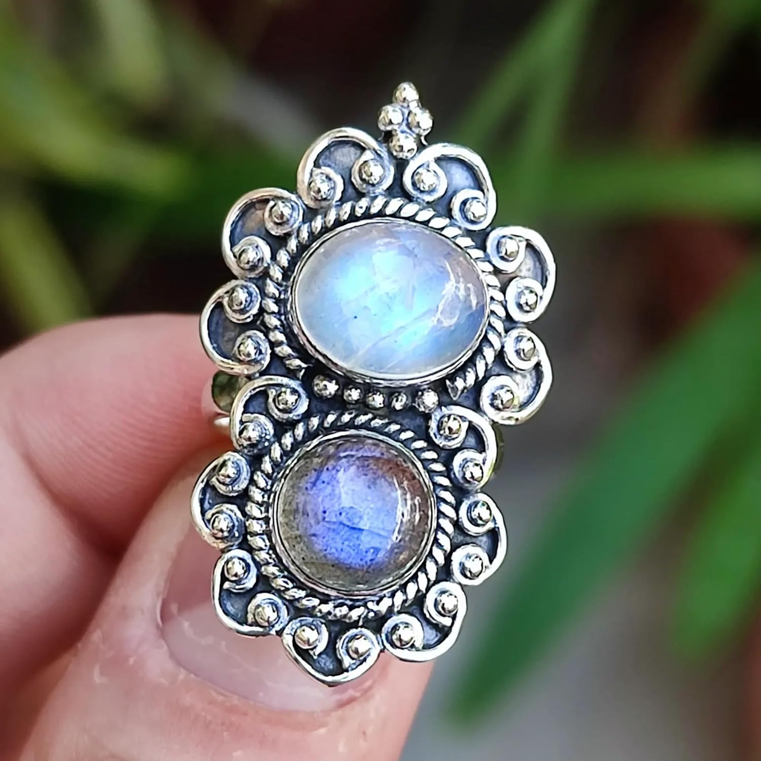 NavyaCraft Moonstone, Labradorite Ring, 925 Sterling Silver Statement Promise Ring for Women, Natural Rainbow Moonstone and Labradorite Gemstone Handmade Boho Jewelry, June Birthstone Gift (4.5)