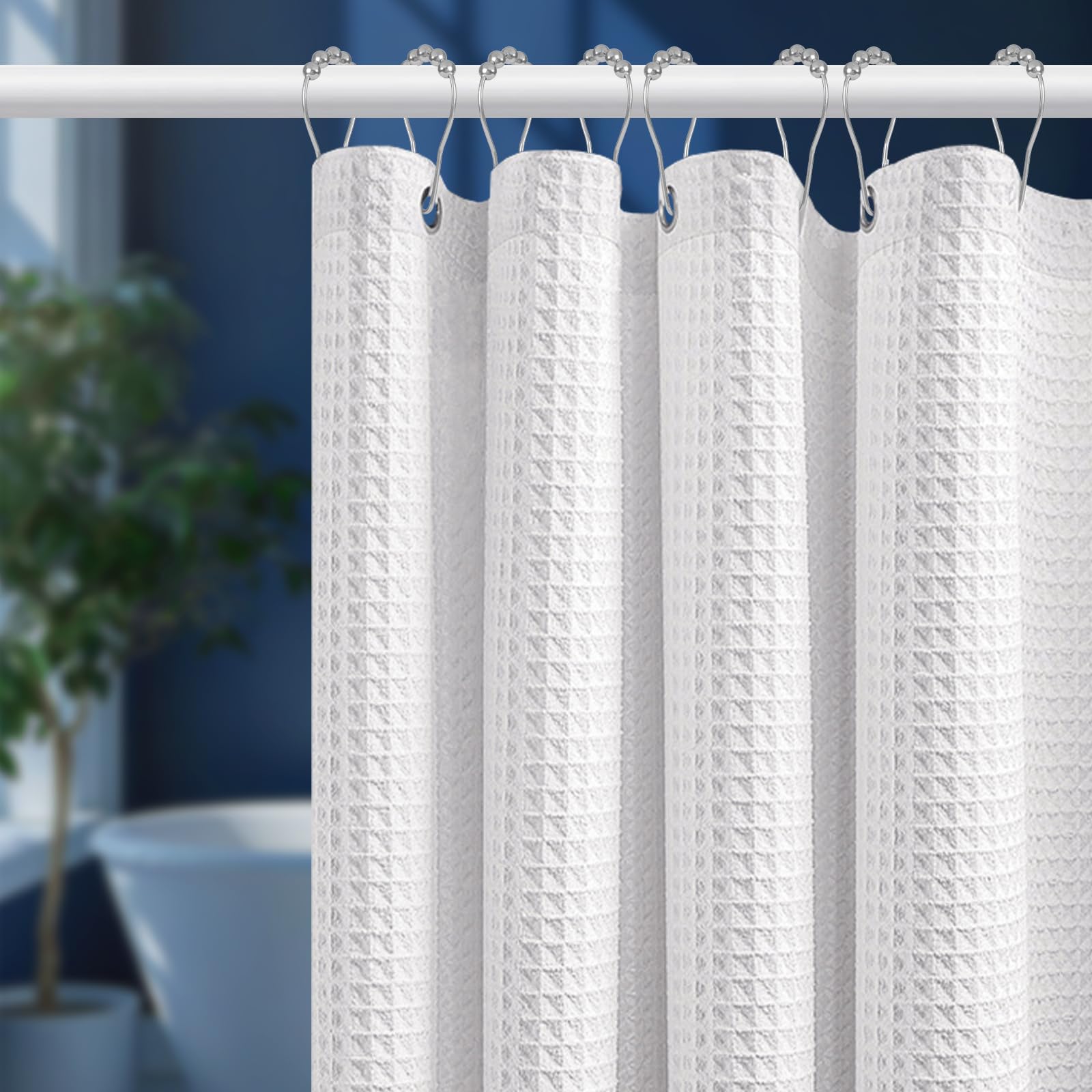 Uniclife White Shower Curtain, 180 x 200 cm Waffle Weave Fabric Shower Curtains for Bathroom, Waterproof Polyester Bathroom Curtain with 12 Rust-Resistant Grommets & Weighted Hem for Bathtub