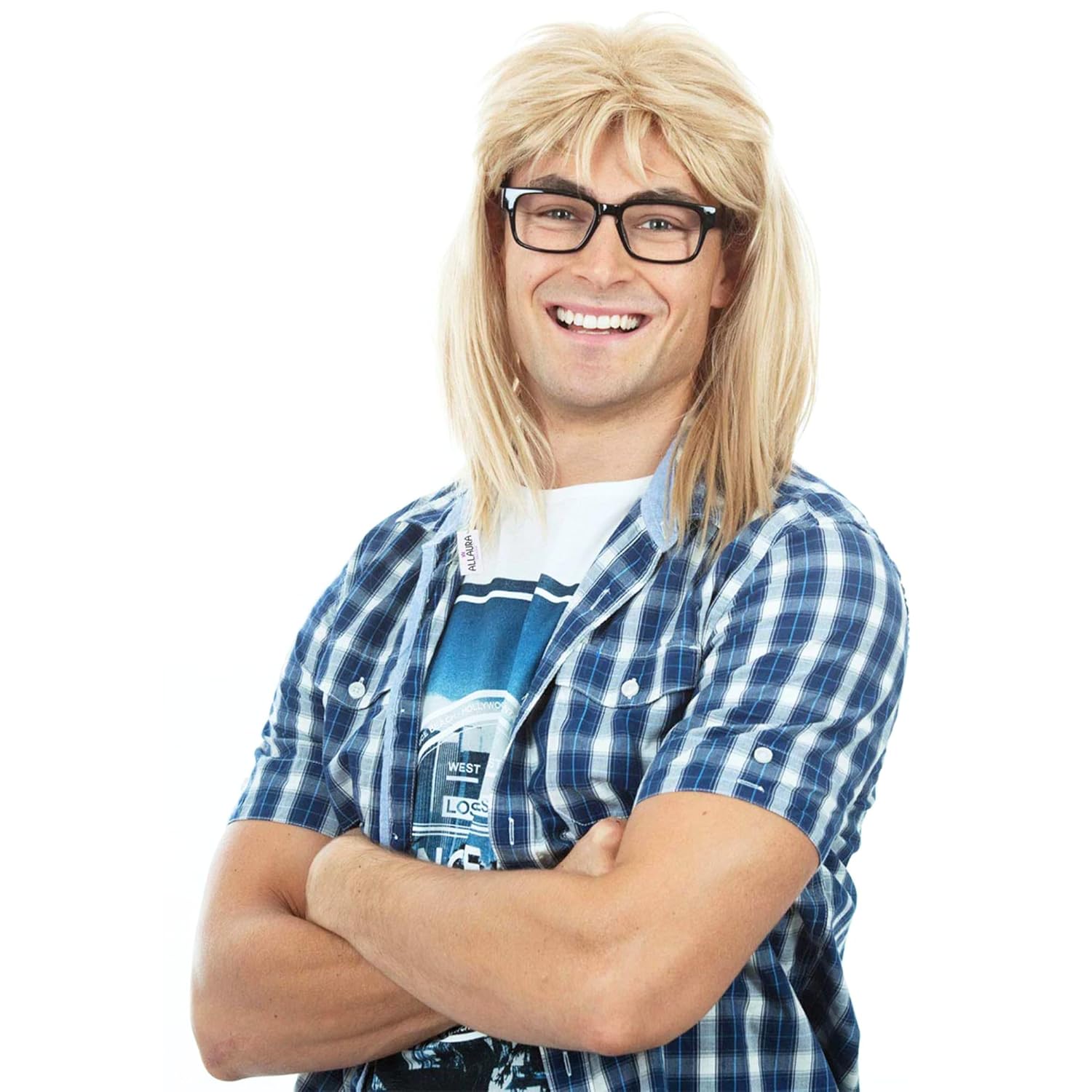 ALLAURA Compatible with Garth Wig – Blonde Mullet Wig + Black Glasses for Men – 80s 90s Rocker, Punk, Heavy Metal Costume – Funny Halloween Couples Outfit, Party Cosplay, Garth & Wayne Duo Look - Image 6