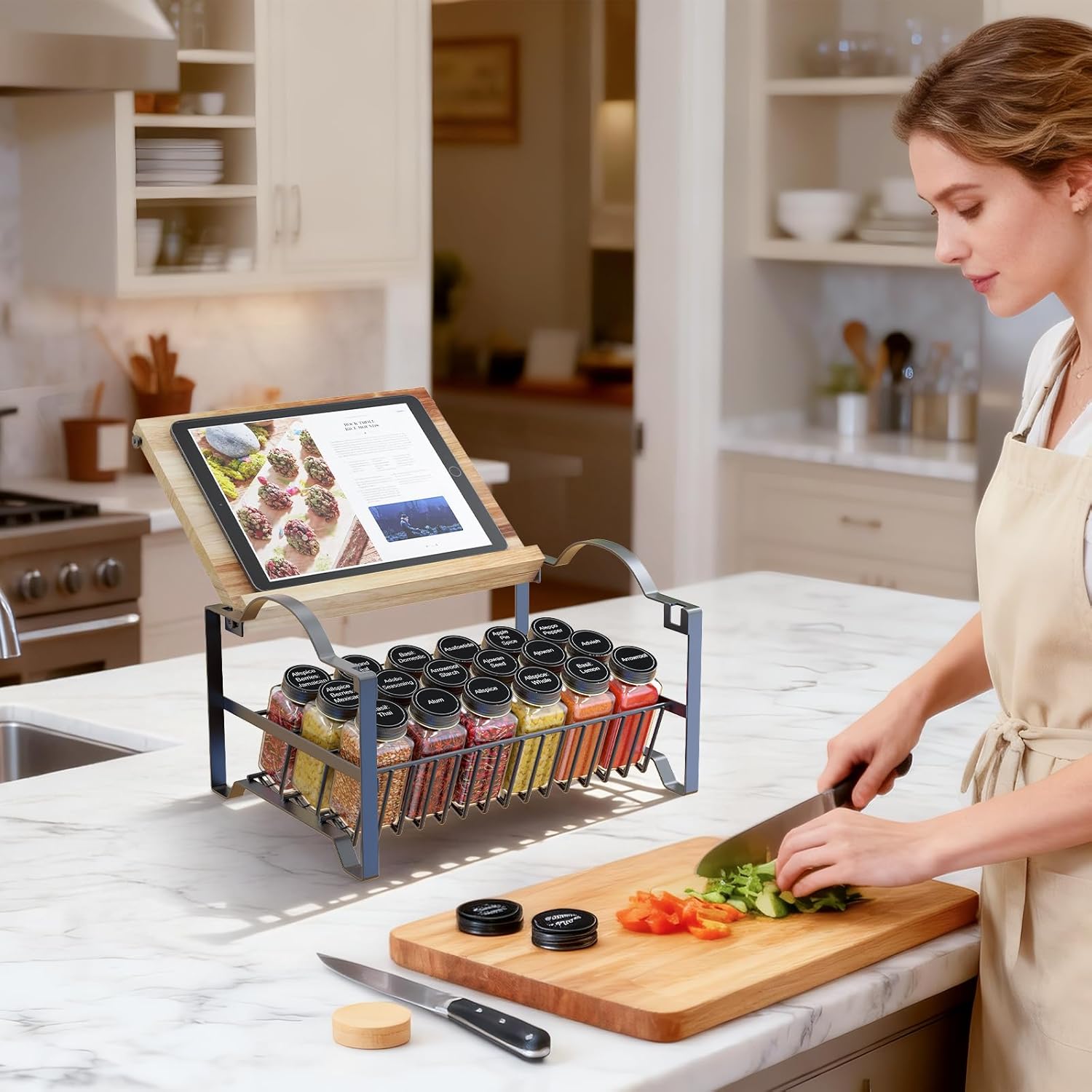 3 Tier Spice Rack Organizer with Bamboo Top Tablet Holder, 18 Spice Jars, 422 Spice Labels, and Funnel Set for Kitchen, Cabinet, Countertop, Pantry, Cupboard. Seasoning Organizer Black - Image 2