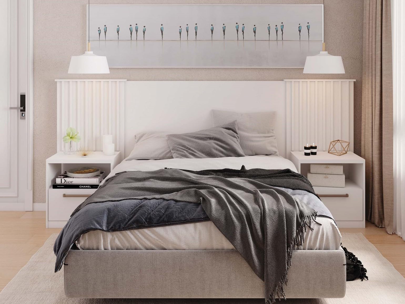 MAESTRO FERRETERO MF - Cabecero Lucius Extensible con 2 Mesillas, MDP Blanco Mate - Estilo Minimalista