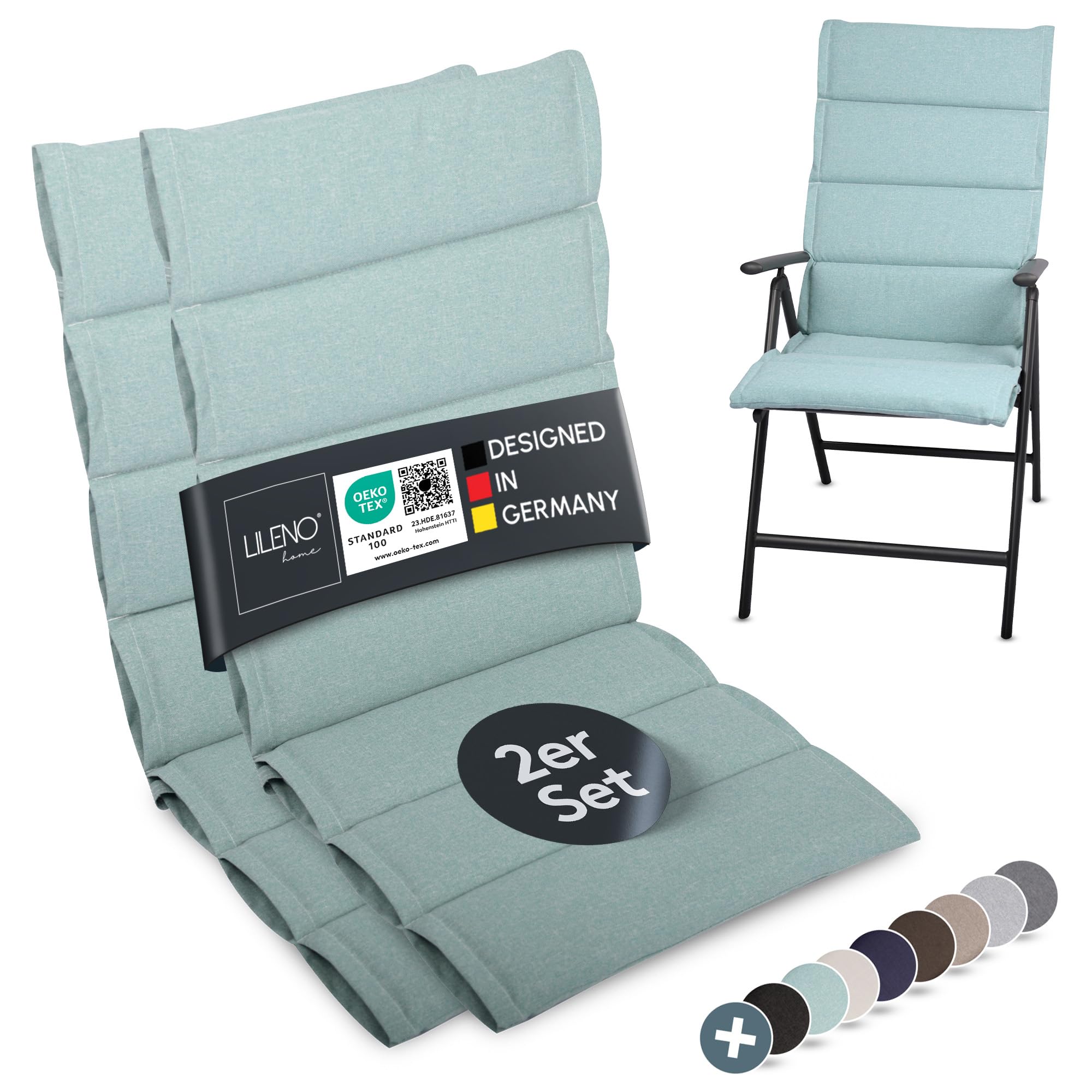 LILENO HOME Gartenstuhl Auflagen als [2er Set - Hochlehner] in Petrol - Bequeme Liegen als Sitzauflagen für Gartenmöbel - Stuhlkissen für Gartenstühle und Klappstühle