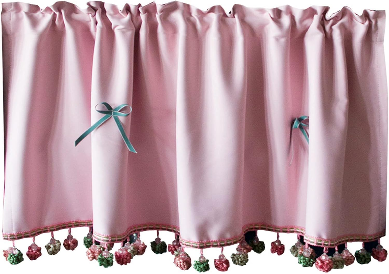 Short Curtain for Small Window Solid Pink Curtain with Bow Ties and Tassels Window Treatment Valance Window Panel Drapes Half Curtain for Kitchen Café Bedroom Cabinet Curtain Tier Curtain
