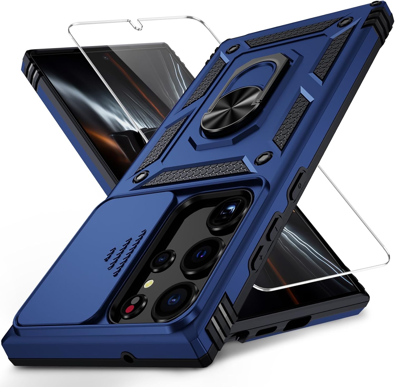 for Samsung Galaxy S25 Case with Camera Lens Cover, HD Screen Protector, 10 FT Military Grade Drop Protection, Magnetic Ring Holder Kickstand Protective Phone Case, Navy Blue