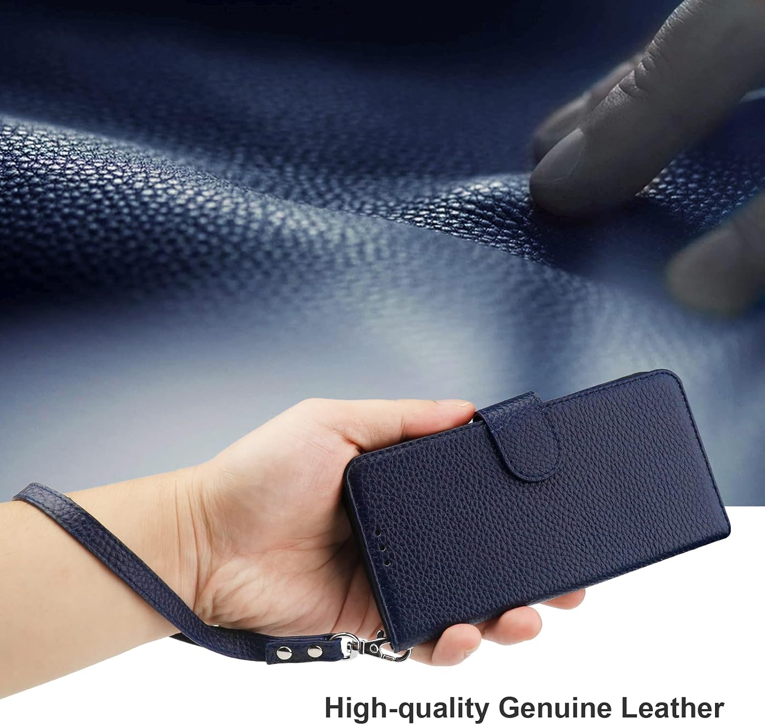 Bocasal Genuine Leather Wallet Case for iPhone 12/12 Pro Wireless Charge RFID Blocking Credit Card Holder Kickstand Folio Flip Protective Cover with Wrist Strap Magnetic Clasp 6.1 Inch (Dark Blue)