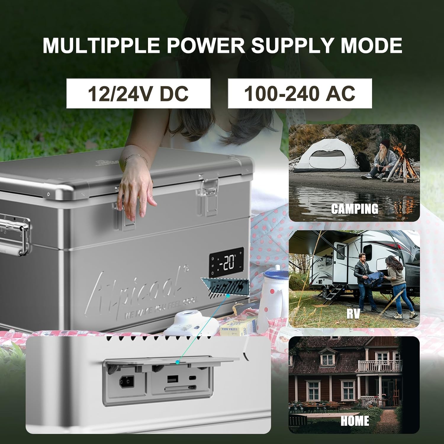 Alpicool MF35 showing multiple power supply modes: 12/24V DC and 100-240V AC, with usage examples for camping, RV, and home