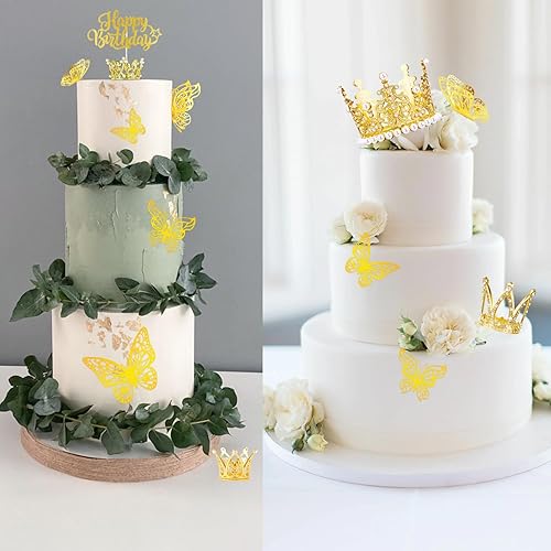 Miniatura 2 de Juego de 29 adornos dorados para tartas, 4 coronas, 24 piezas de decoración de mariposa dorada en 3D, 1 adorno de pastel de feliz cumpleaños, mini