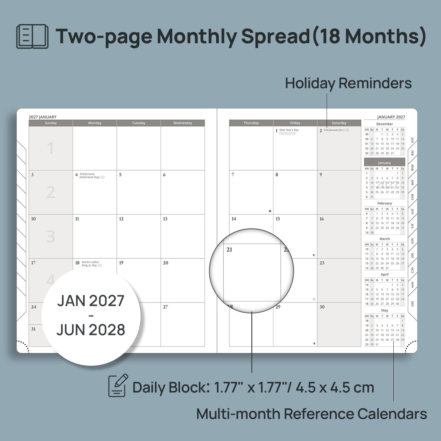 POPRUN Agenda mensile 2027-2028 (grande 21,6 x 26,7 cm), calendario da 18 | Gennaio 2027-giugno 2028, calendario con copertina morbida con pagina per note, linguette mensili e tasca interna