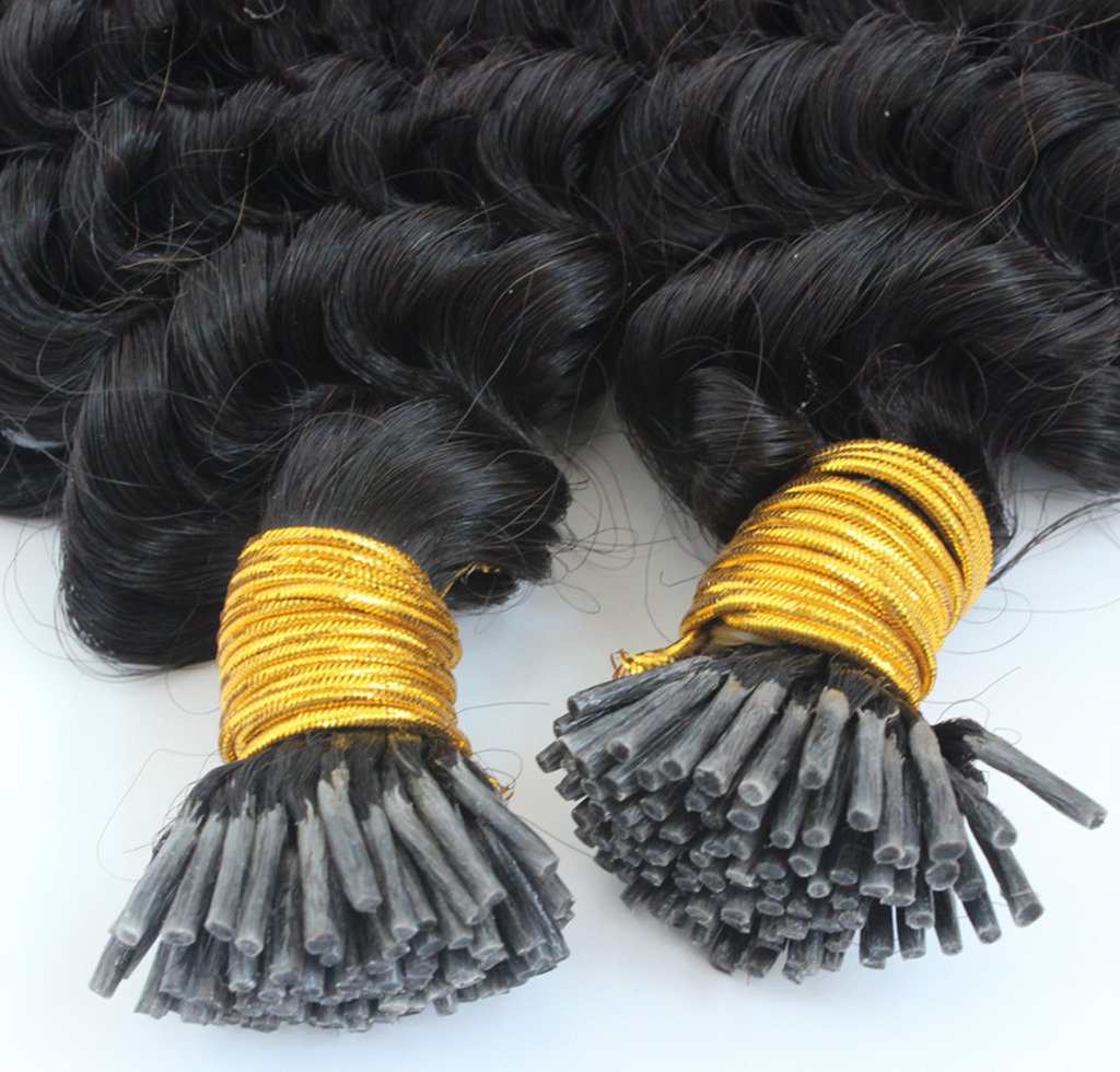 Remeehi I Tip Human Hair Extension Kinky Curly Stick Brazilian Keratin Hair 1g Prebonded 100s Fusion Hair Pieces Easy Remove(15" 1B#)