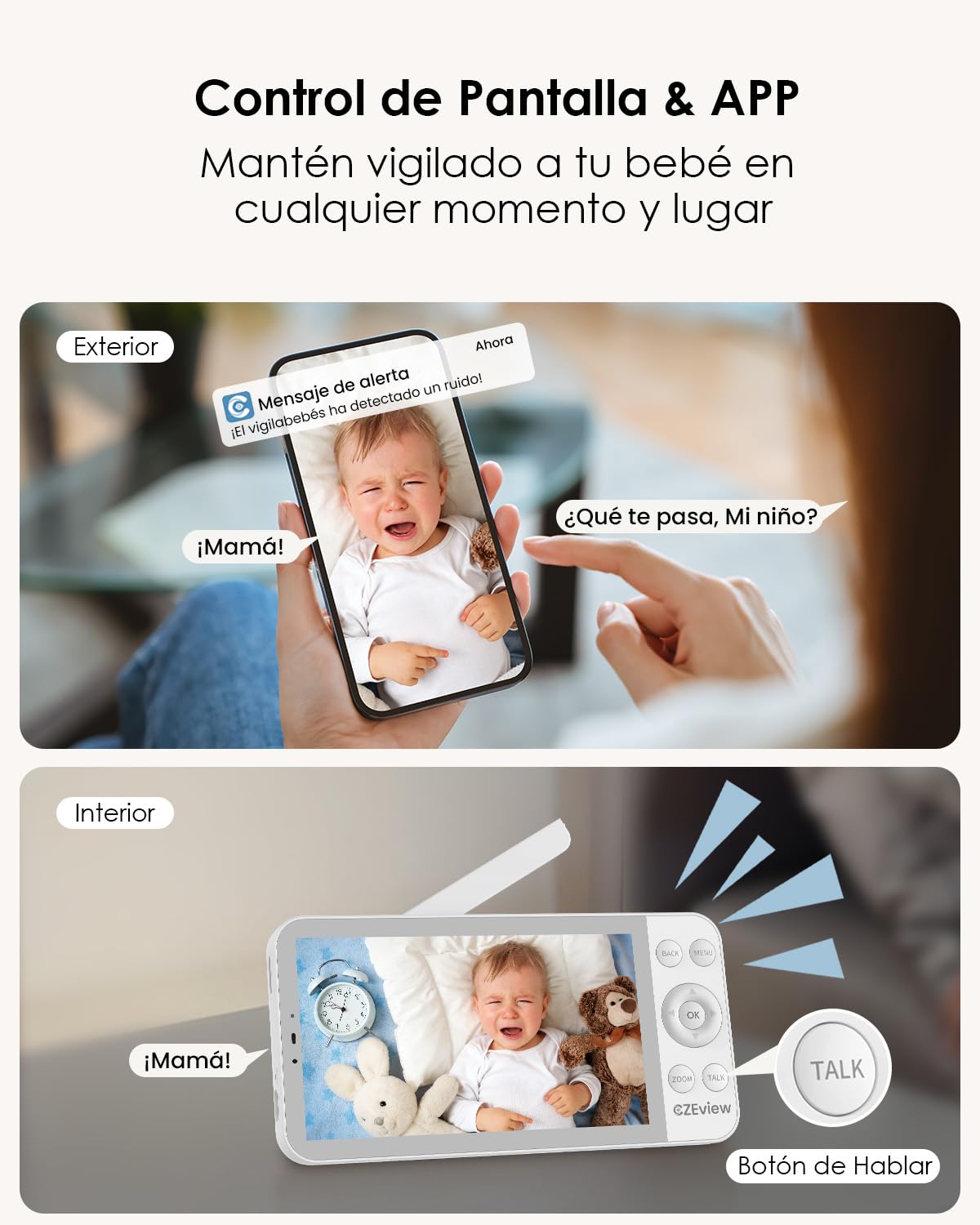 CZEview 2.5K 4MP Camara Vigilancia Bebe con App Movil, 5.5" IPS Gran Pantalla, 360°, Monitorización & Alertas en Tiempo Real, Visión Nocturna (Blanco) | pantalla súper clara, visión nocturna, audio bidireccional, cunas, sensor temp., 360° PIZ, APP, luz no