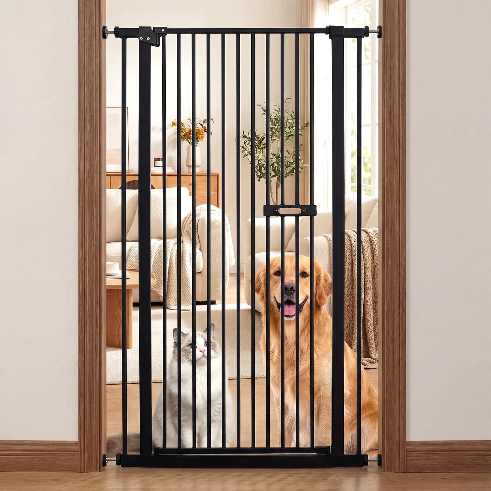 Cancello extra alto per cani e gatti, Porta per Animali 150 cm, in metallo, larghezza 75-85 cm, porta a doppio effetto, chiusura automatica, senza foratura, Adatto per corridoi/salotti(nero