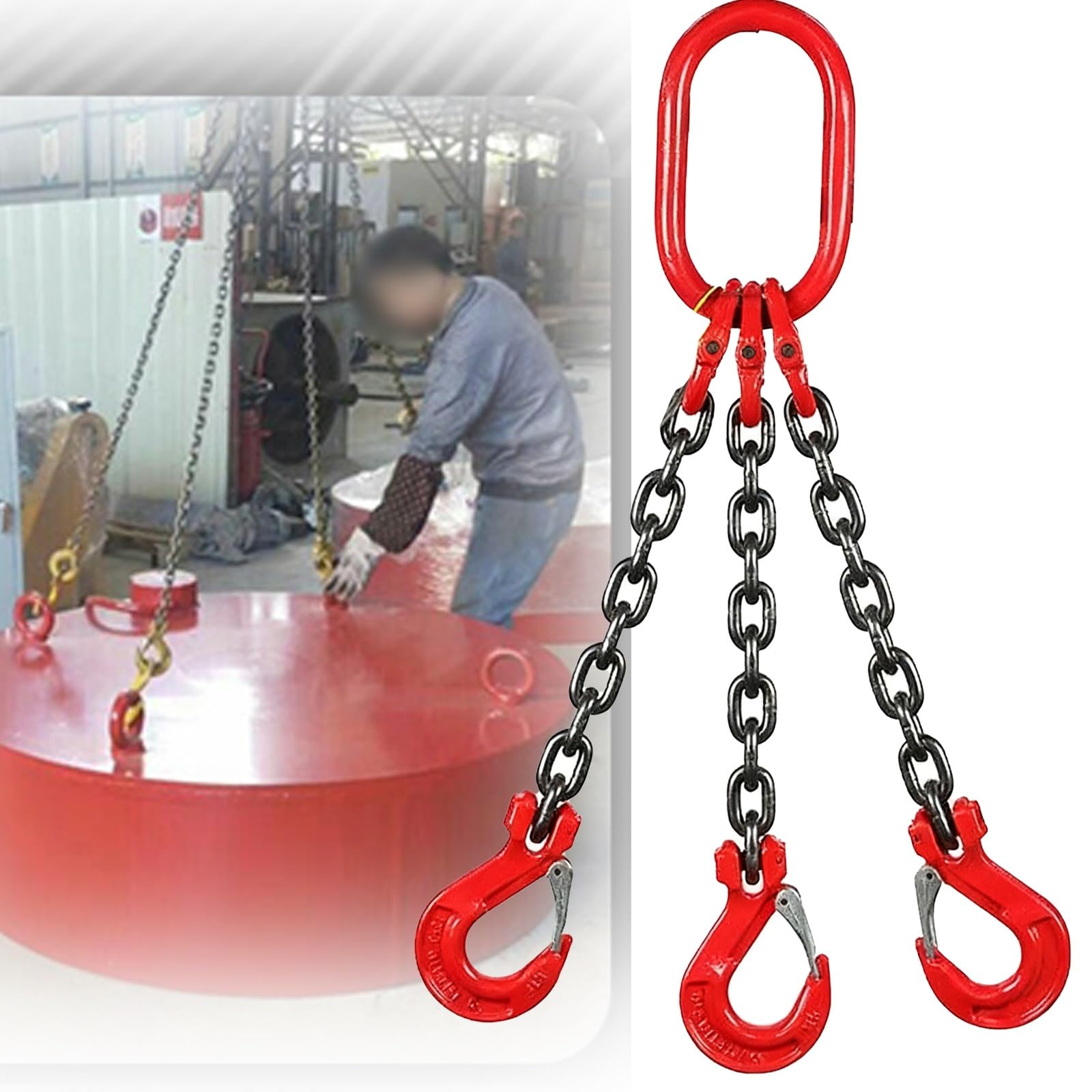 Generisch 3-Haken-Hebekette, hochbelastbar, 4 m (13,1 Fuß) Lange Hebekette für industrielle Hebearbeiten, Bauwesen und Lagerhaltung, Tragfähigkeit 1,6–9,8 Tonnen, langlebig und zuverlässig