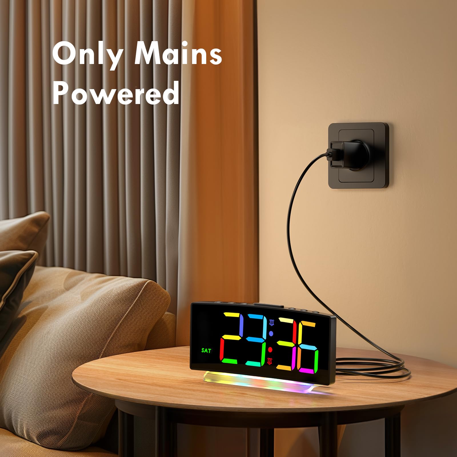 Sveglia da Comodino con Display Digitale a 8 Colori, Snooze, 2 Allarme, Luce Notturna RBG a 7 Colori,4 Livelli di Luminosità, Volume Regolabile, Nero