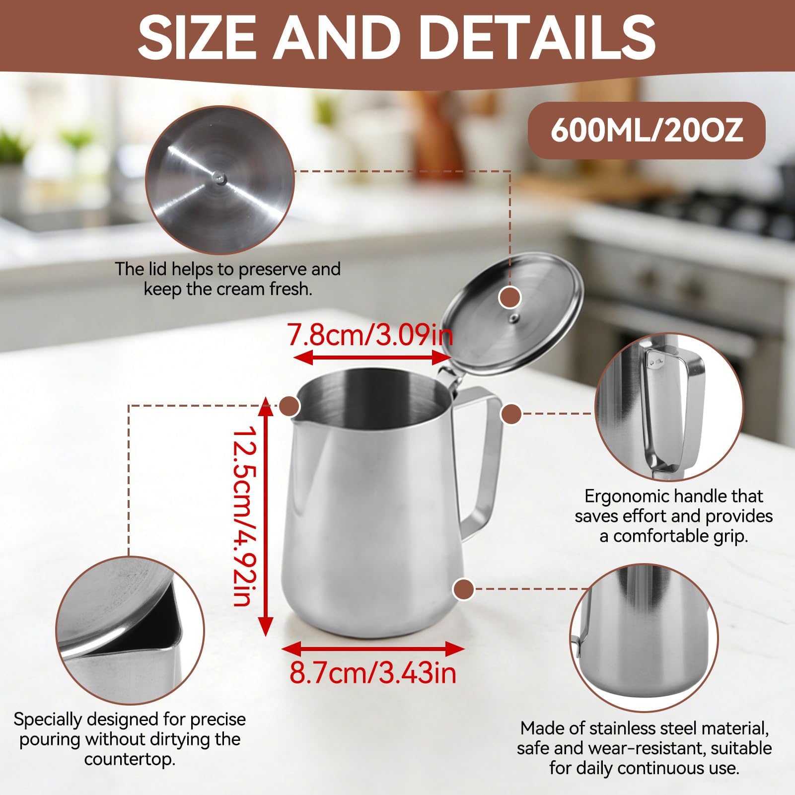 Brocca per schiumalatte, in acciaio inox, con coperchio, per latte e caffè, con coperchio, per latte e caffè (600 ml)