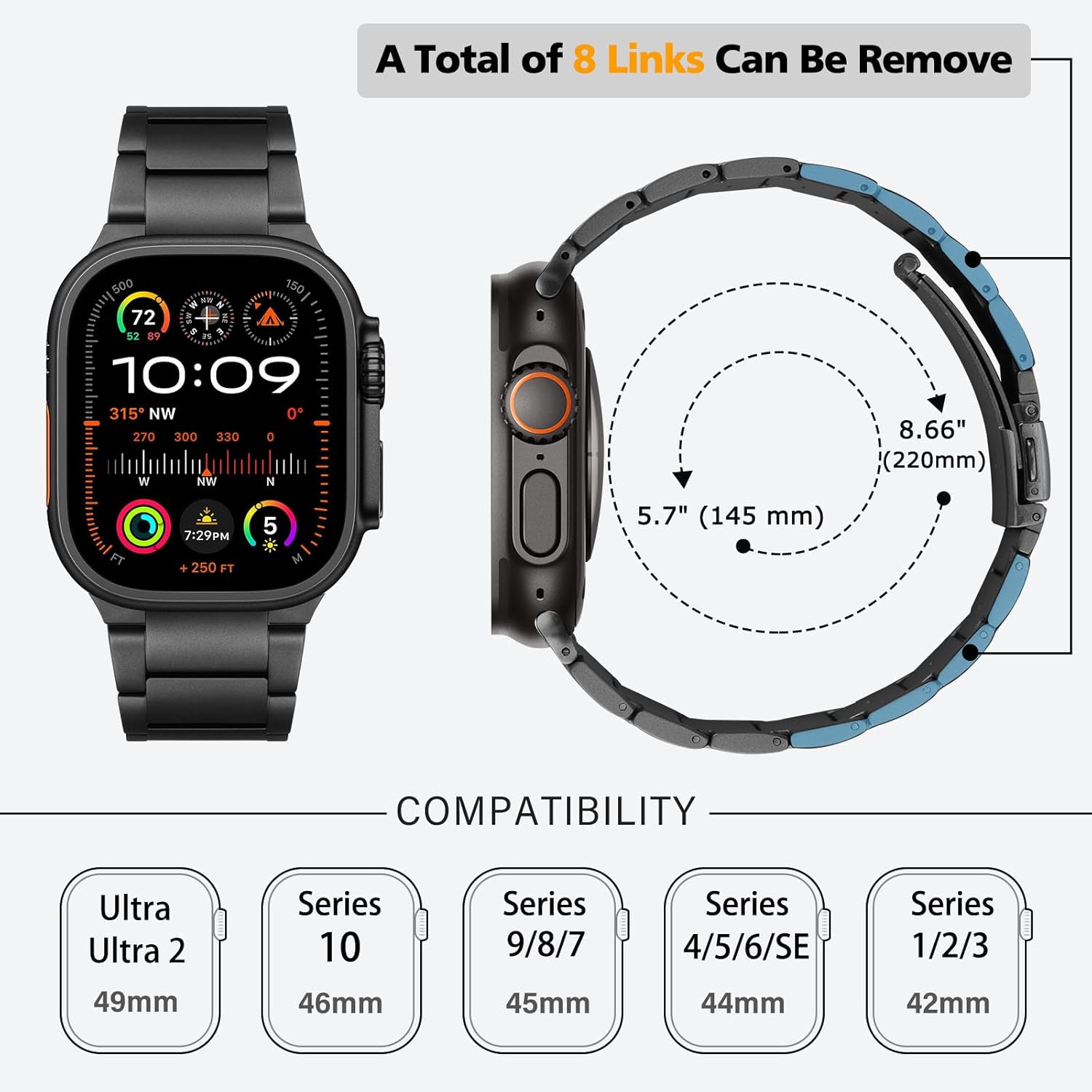 HITZEE Titanium Ultra Band Compatible with Apple Watch Band 49/46(S11/10)/45/44/42, Lightweight Titanium Band with Folden Clasp for Men for iWatch Ultra 3/2/1 SE 3-1 Series 11 10 9 8 7 6-1, Black