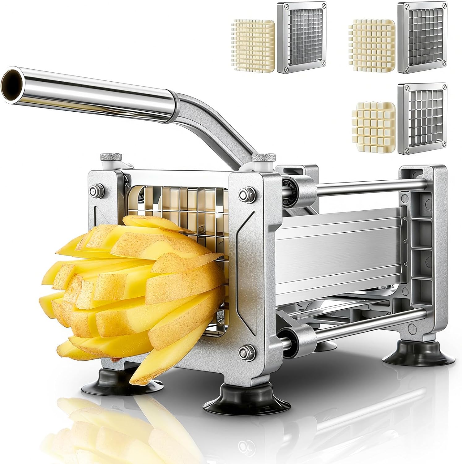 FOHRER Pommesschneider Edelstahl Professioneller Manueller Kartoffelschneider mit 13, 9, 6 mm Klingen aus Edelstahl, Pommes Frites Schneider für ganze Kartoffeln, Karotten, Gurken, Zwiebel, Silber