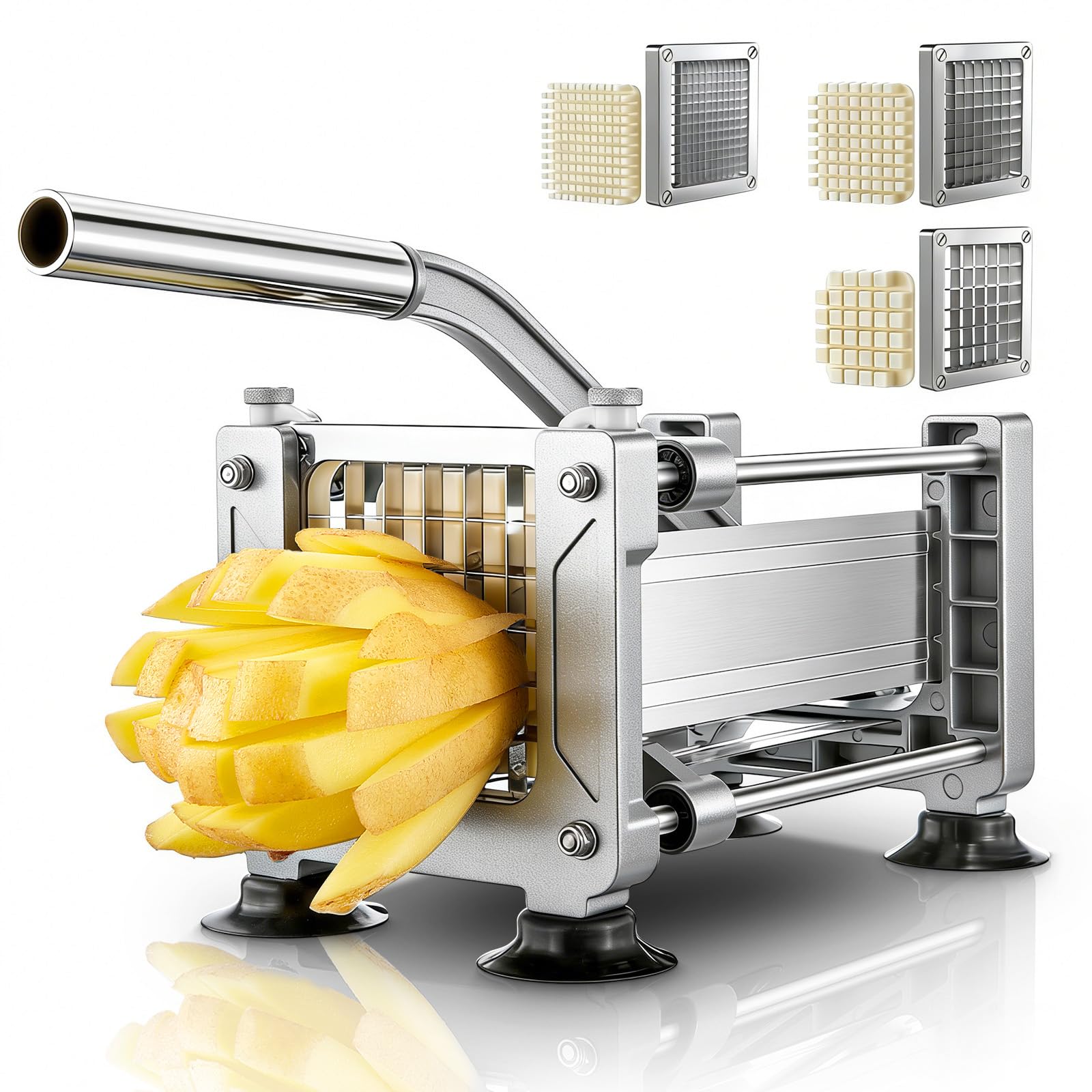FOHRER Tagliapatate Professionale in Acciaio Inox con 3 Lame (13, 9, 6 mm) per Patate Intere, Carote, Cetrioli, Cipolle e Patate Fritte (Argento)